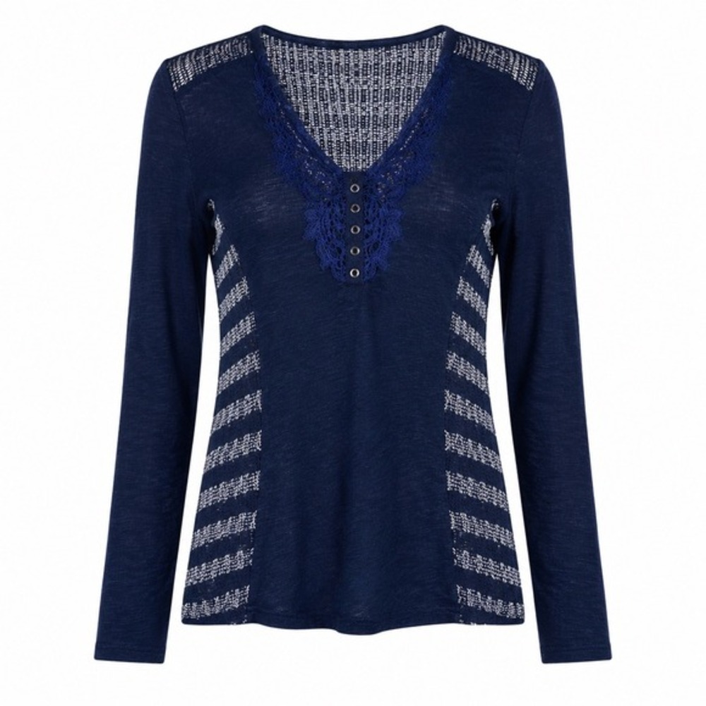 Miss ME Y2K Henley Top Women's L Crochet Beaded Sheer Sparkling Navy Blue Silver